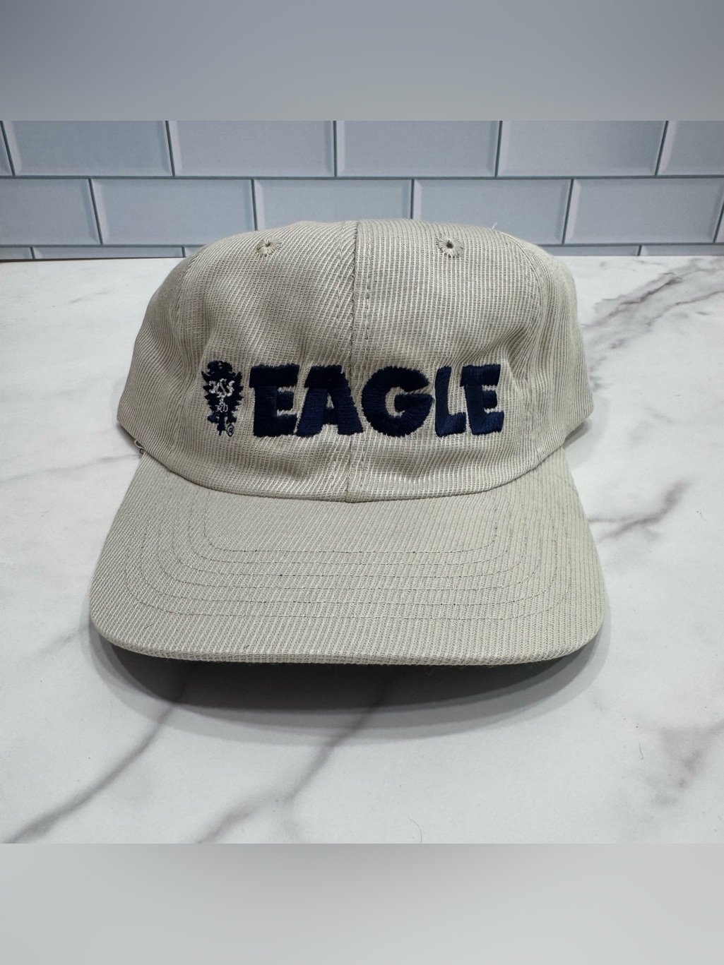 Vintage 90s Beige Corduroy Hat Embroidered Eagle Lettering  Logo Adjustable